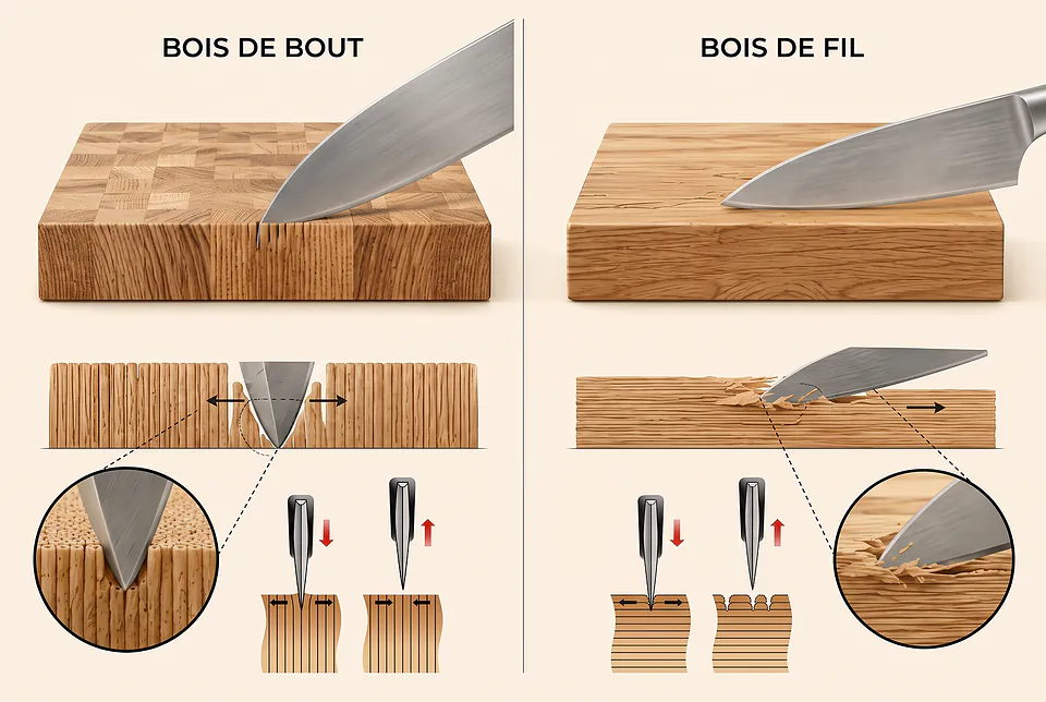 Bois de bout et bois de fil : le passage de la lame dans les fibres